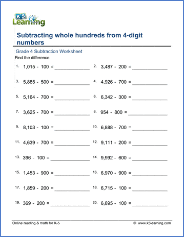 grade 4 math worksheets subtracting hundreds from 4 digit numbers k5 learning