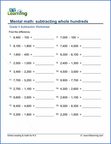 grade 4 math worksheets subtracting whole hundreds k5 learning