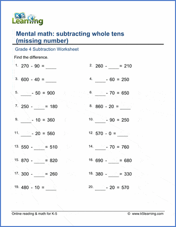 grade 4 math worksheets subtraction of whole tens