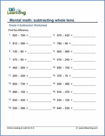 4 math exercises grade for division Worksheets:  tens K5 4 Math whole  Grade Subtracting Learning