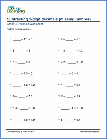 grade 4 math worksheet subtract 1 digit decimals missing