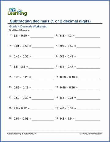 grade 4 math worksheets decimal subtraction 2 decimal digits