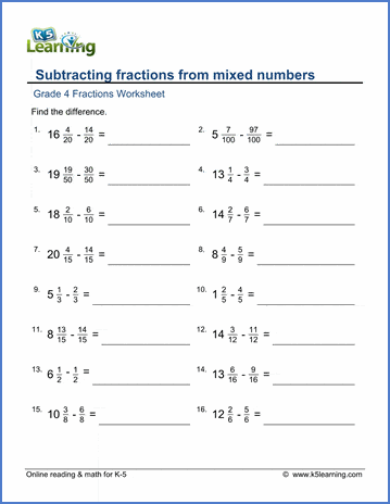 grade 4 math worksheets subtracting fractions from mixed numbers k5