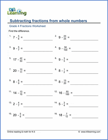 Grade 4 Math Worksheets: Subtracting fractions from whole numbers | K5 ...