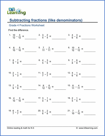 grade 4 math worksheets subtracting like fractions k5 learning