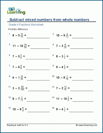 Subtract mixed numbers from whole numbers worksheets K5 Learning