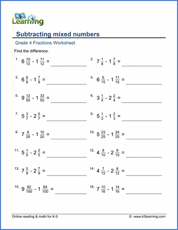 Grade 4 Fractions Worksheets: Subtracting mixed numbers | K5 Learning