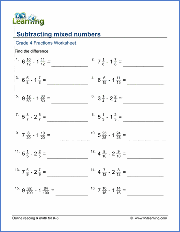 Grade 4 Fractions Worksheets: Subtracting Mixed Numbers | K5 Learning