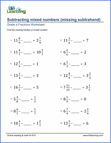 grade 4 fraction worksheets subtract mixed numbers missing numbers