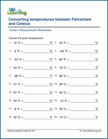 Grade 4 Temperature Worksheet: Convert between Fahrenheit and