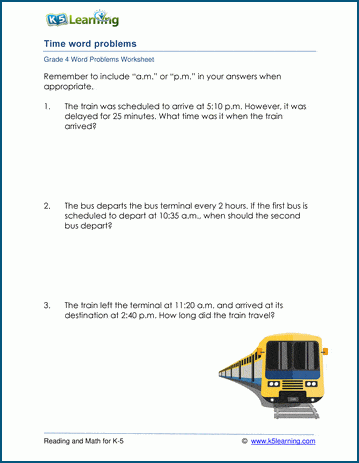 grade 4 time word problem worksheets k5 learning