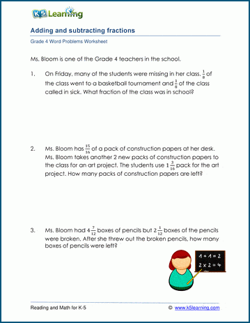 Grade 4 word problem worksheets on adding and subtracting fractions
