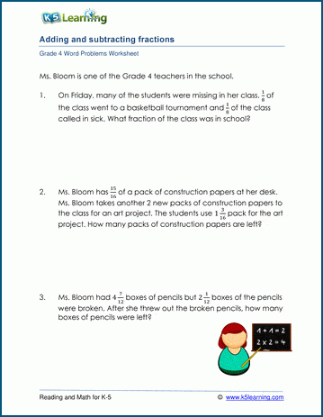 Grade 4 Word Problem Worksheets On Adding And Subtracting Fractions K5 Learning