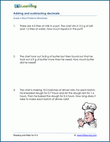 grade 4 word problem worksheets on adding and subtracting decimals k5 learning