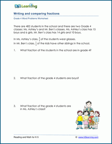 grade 4 writing and comparing fractions word problem worksheets k5 learning