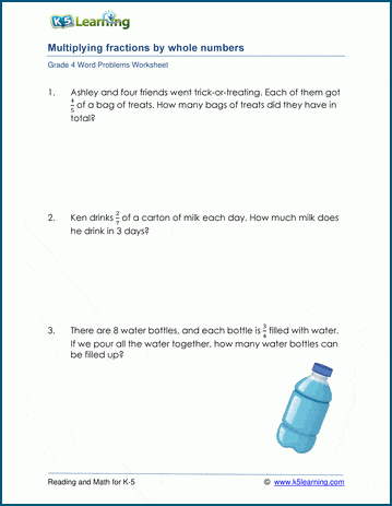 grade 4 word problem worksheets multiply fractions by whole numbers k5 learning