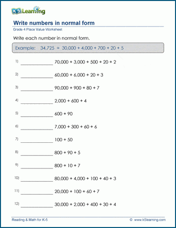 Grade 4 Place Value Worksheet: Write Numbers In Normal Form | K5 Learning