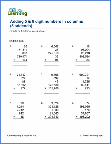 Grade 5 Addition Worksheets: Adding Five Numbers In Columns | K5 Learning