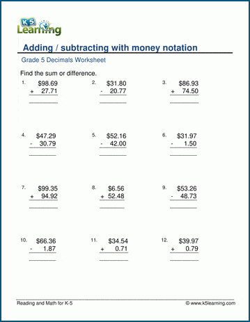 Money addition and subtraction worksheets