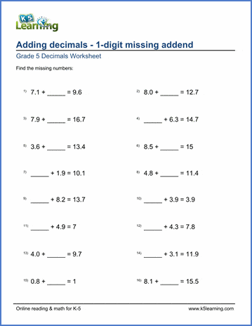 grade 5 math worksheets adding decimals 1 digit missing addend k5 learning