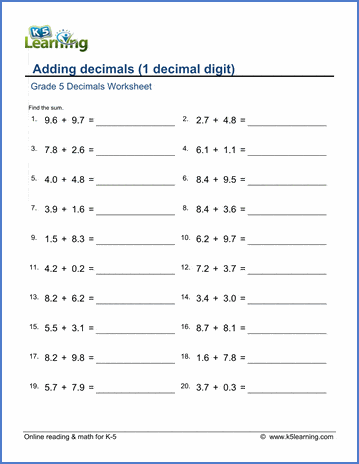 Grade 5 Decimals Worksheets: Adding decimals (1 digit ...