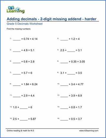 Decimals Worksheets: Missing Addend Problems | K5 Learning