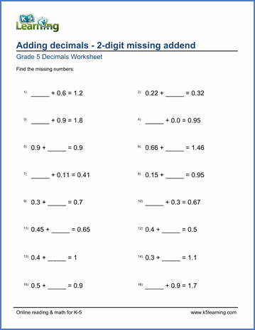 grade 5 math worksheets adding decimals 2 digits missing addend