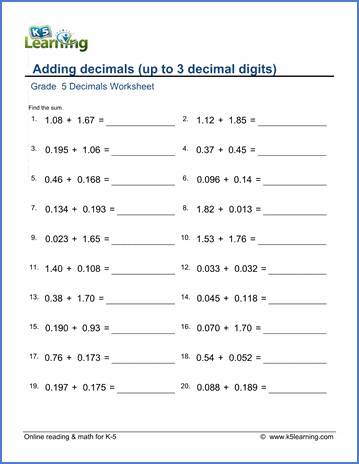 grade 5 decimals worksheets adding decimals 3 digits k5 learning