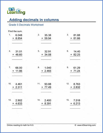 grade 5 math worksheets adding decimals in columns k5 learning