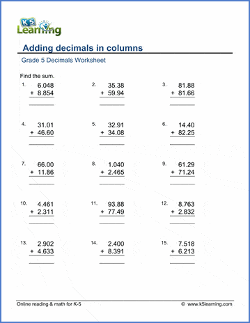 Grade 5 Math Worksheets: Adding decimals in columns K5 Learning