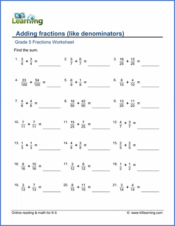 grade 5 math worksheet adding fractions with like