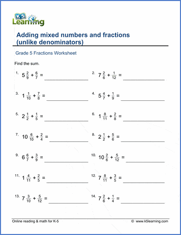 Grade 5 Worksheet: Add mixed numbers fractions (unlike denominators