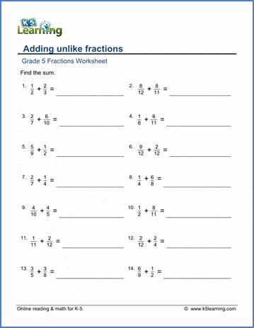 Add Subtract Fractions Worksheets for Grade 5 K5 Learning