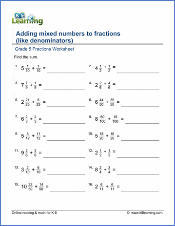 Grade 5 Worksheet: Add mixed numbers & fractions (like denominators