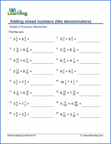 Grade 5 Fractions worksheet: Adding mixed numbers (like denominators