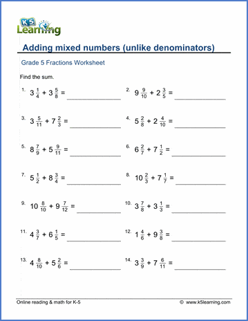 grade 5 fractions worksheet add mixed numbers unlike