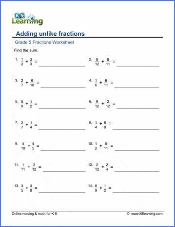 Adding unlike fractions worksheets K5 Learning