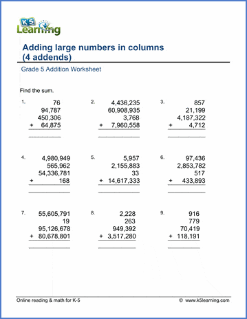 grade 5 math worksheet addition adding four large numbers k5 learning