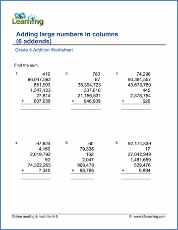 grade 5 math worksheet addition adding six large numbers k5 learning