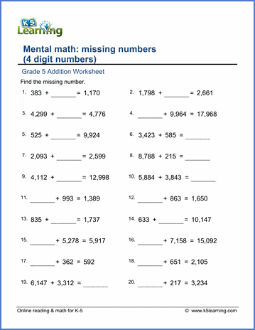 Grade 4 Addition Worksheet adding 3 and 4-digit numbers