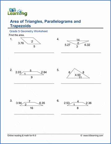 Grade 5 Worksheets Area Of Triangles Parallelograms Trapezoids K5 Learning