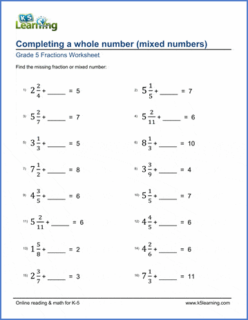 grade 5 fractions worksheets completing whole numbers k5 learning