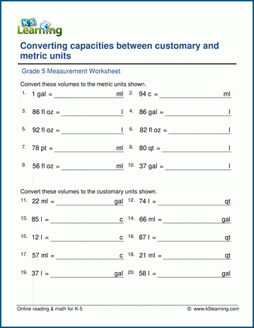 Grade 5 Worksheets: Convert Units Of Capacity (Customary / Metric) | K5 Learning