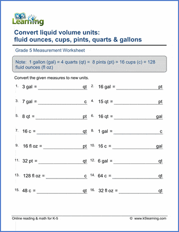 grade 5 measurement worksheets customary units of liquid volume k5 learning