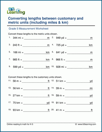 Grade 5 Worksheets: Convert units of length to/from the metric system