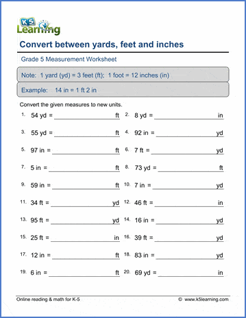 Grade 5 Math Worksheets Convert Lengths Inches Feet And Yards K5 Learning