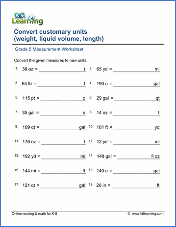 Grade 5 math worksheet: Converting units of measurement (decimals) K5