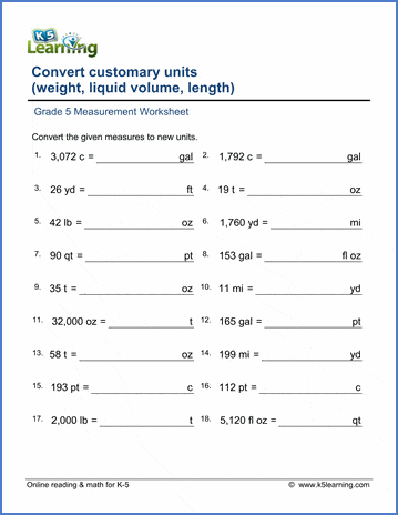 Grade 5 math worksheet: Converting units of measurement | K5 Learning