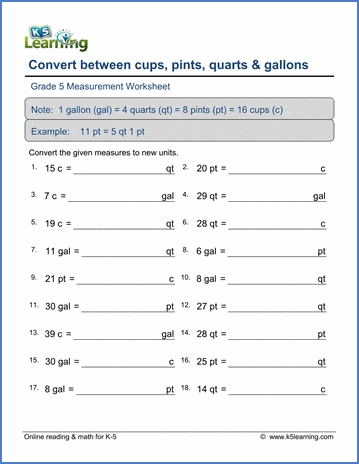 Grade 5 Worksheet: Convert volumes (cups, pints, quarts and gallons)