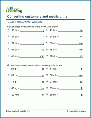 metric customary units worksheets grade between worksheet converting system math measurement length weight capacity volume convert conversions systems learning k5learning